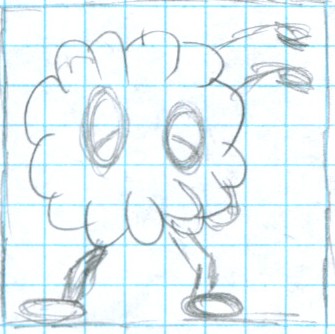 A rough pencil sketch of the creature, overlaid by the regular blue grid of graph paper.