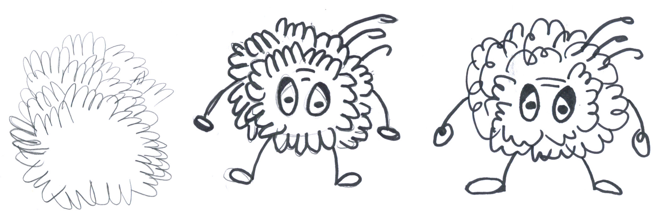 Various sketches: first, a pencilled bush; then, a pencilled-and-inked creature in the form of a bush but with sketchy eyes, arms, legs, and some stray strands of hair sticking out; finally, an inked version of the same creature but slightly better drawn, less kempt and even more sketchy.